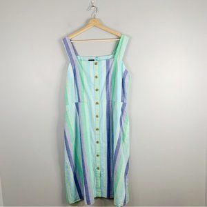 Talbots Womens  Striped Midi Dress Cotton Blue Green  Tank Pockets Large L 14